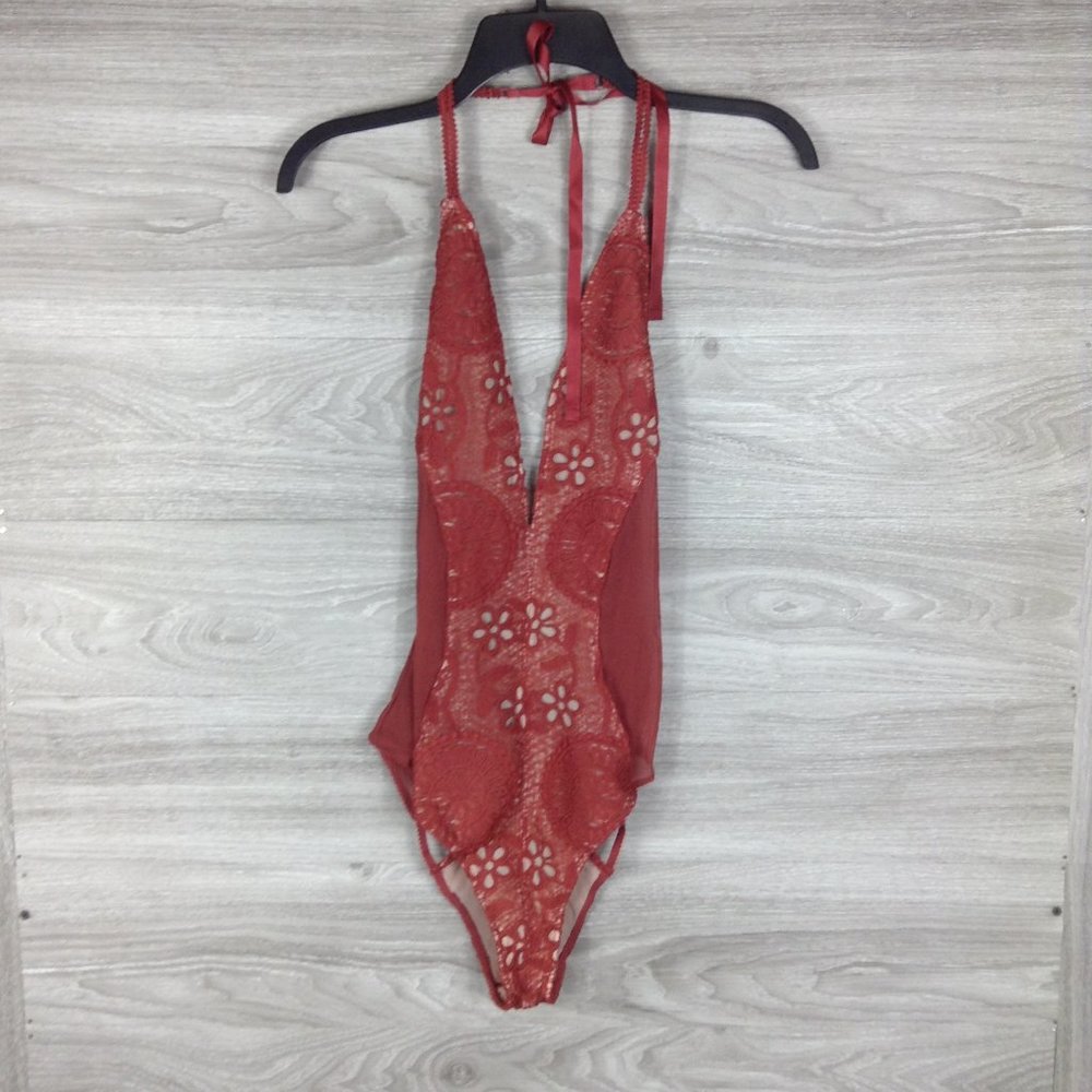 YOUMITA Lace Sheer Plunging Neck BodysuitNew with